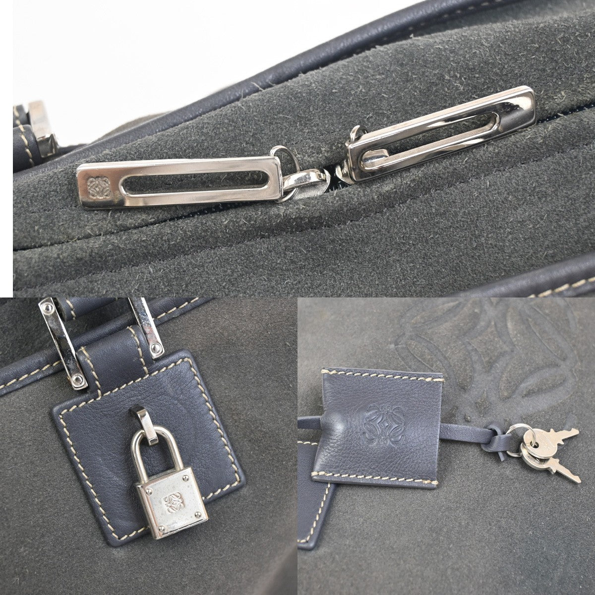 LOEWE Anagram Amazona Boston Hand Bag Suede Leather Dark Gray Spain 83KC758