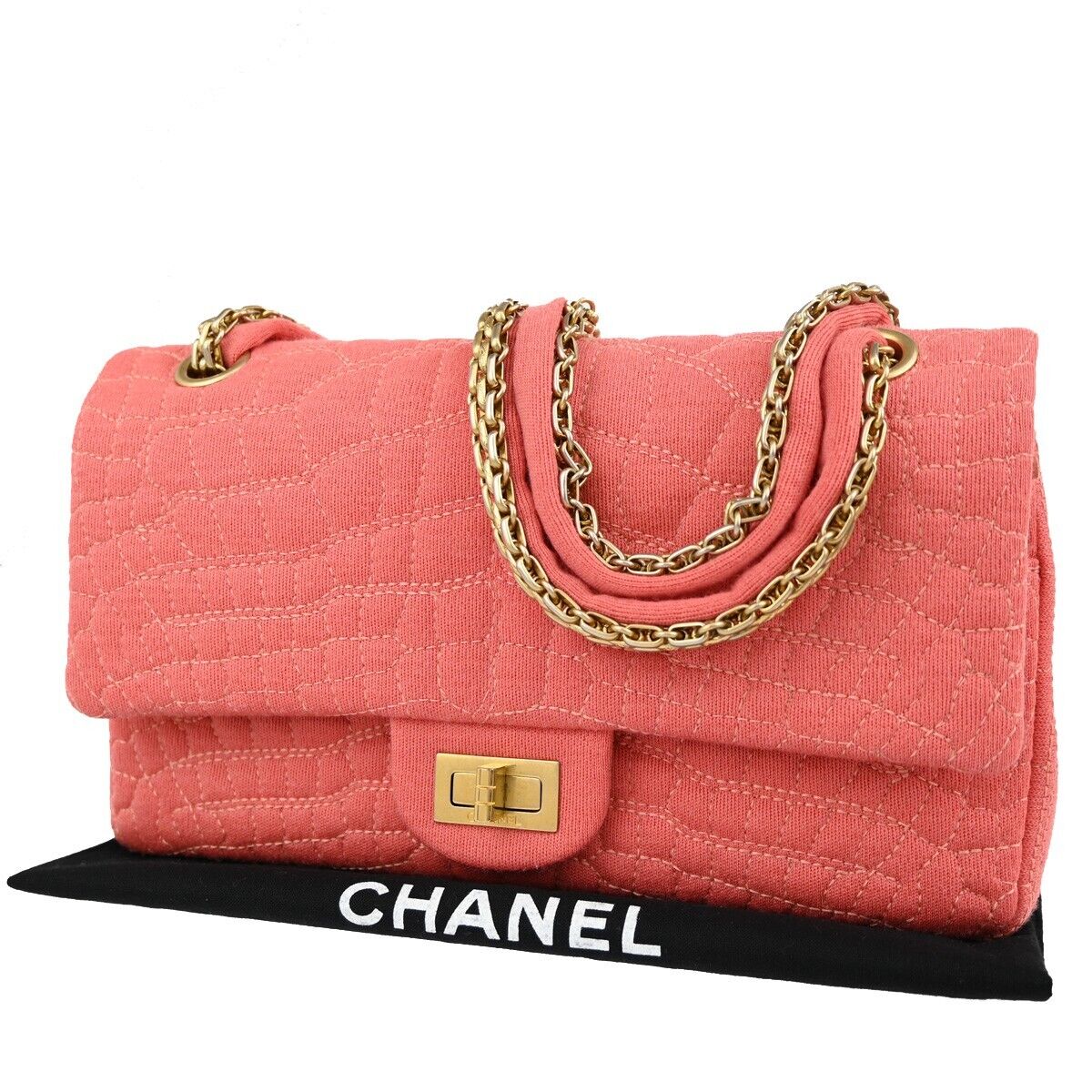 CHANEL Logo 2.55 Double Flap Chain Shoulder Bag Canvas Leather Pink GHW 314RJ738
