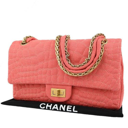 CHANEL Logo 2.55 Double Flap Chain Shoulder Bag Canvas Leather Pink GHW 314RJ738