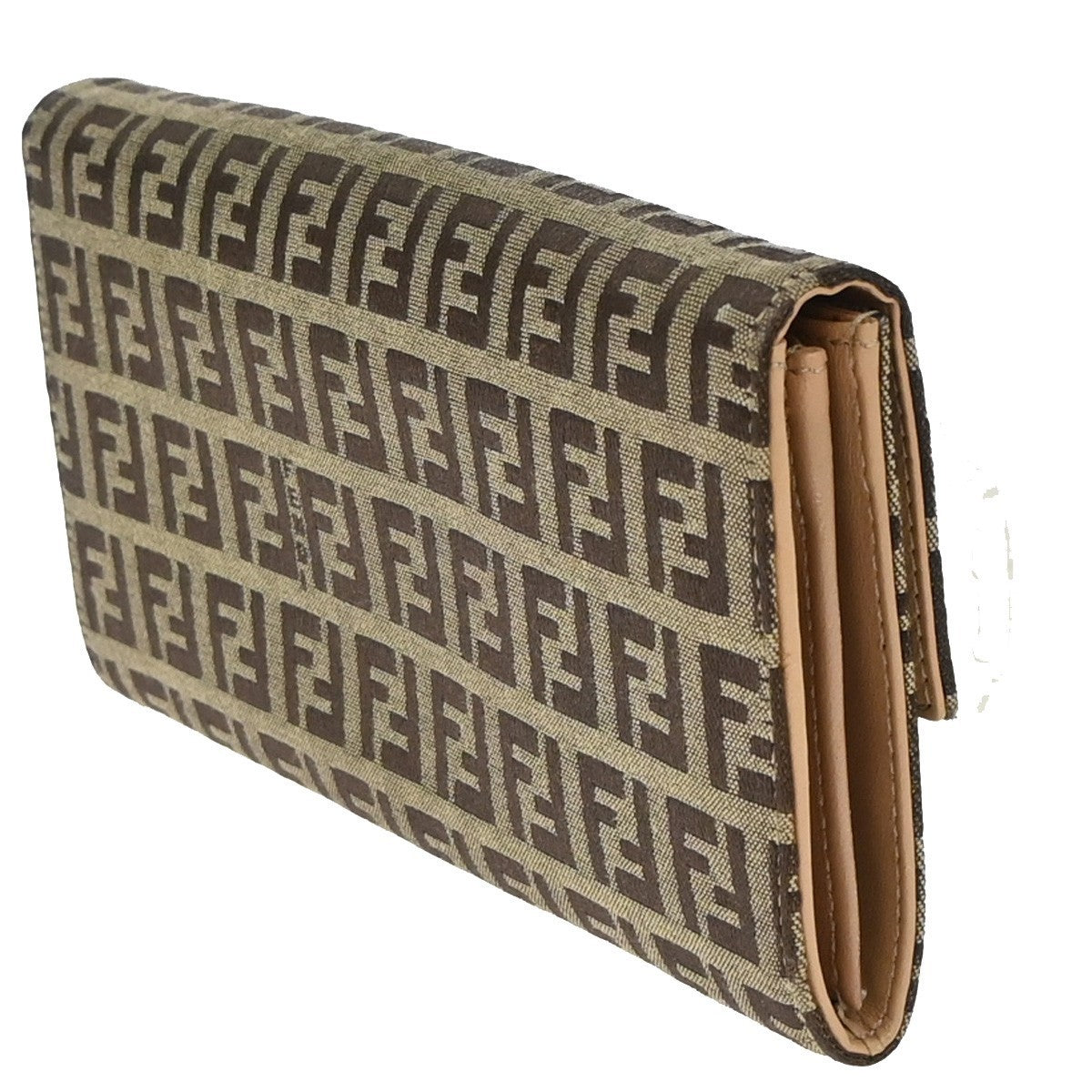 FENDI Logo Zucca Pattern Long Bifold Wallet Canvas Leather Brown 01EG350