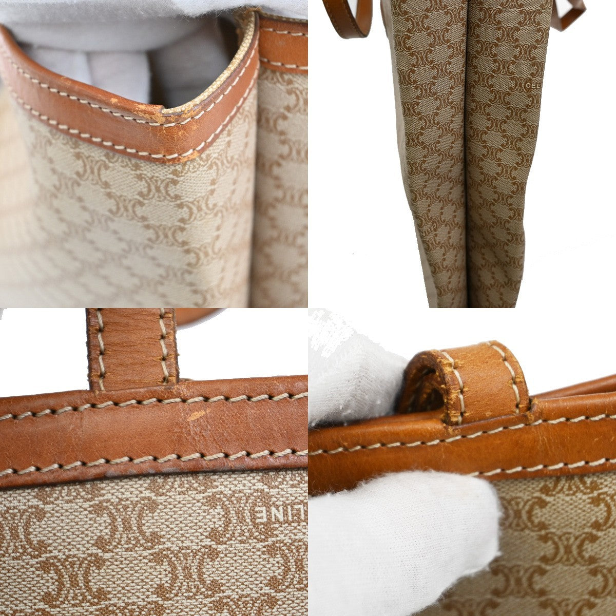 CELINE Logo Macadam Pattern Shoulder Tote Bag PVC Leather Beige GHW 60TA081