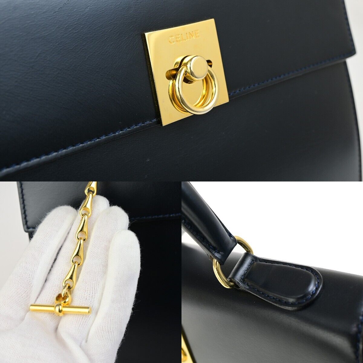 CELINE Logo Top Handle Hand Bag Leather Navy Blue GHW Made in Italy 34EC891