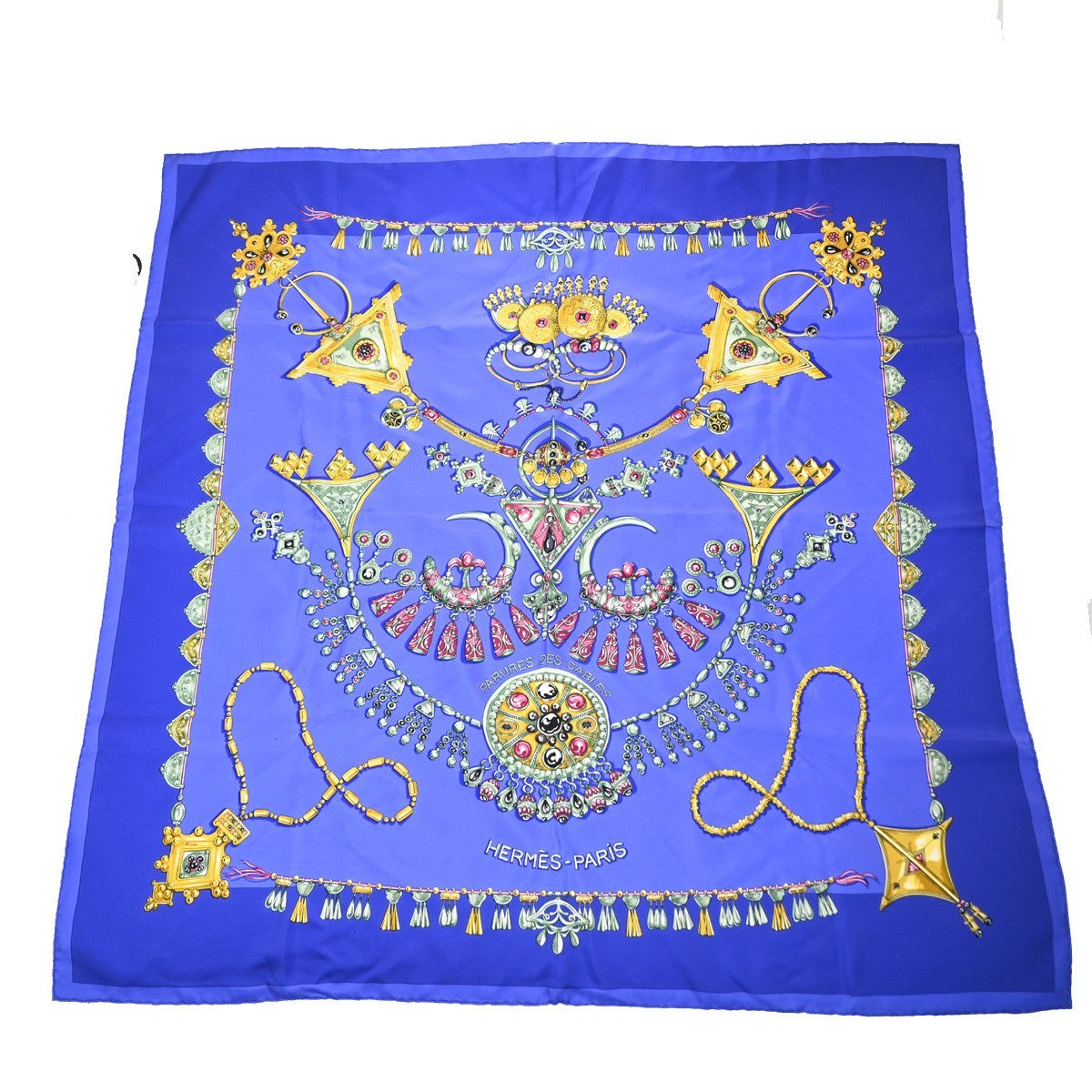 HERMES Logo Carre Scarf 90  " PARURES DES SABLES" 100% Silk Blue France 38YJ114