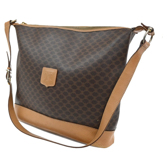 32.Live CELINE Macadam Pattern Shoulder Tote Bag PVC Leather Brown GHW 04KB843