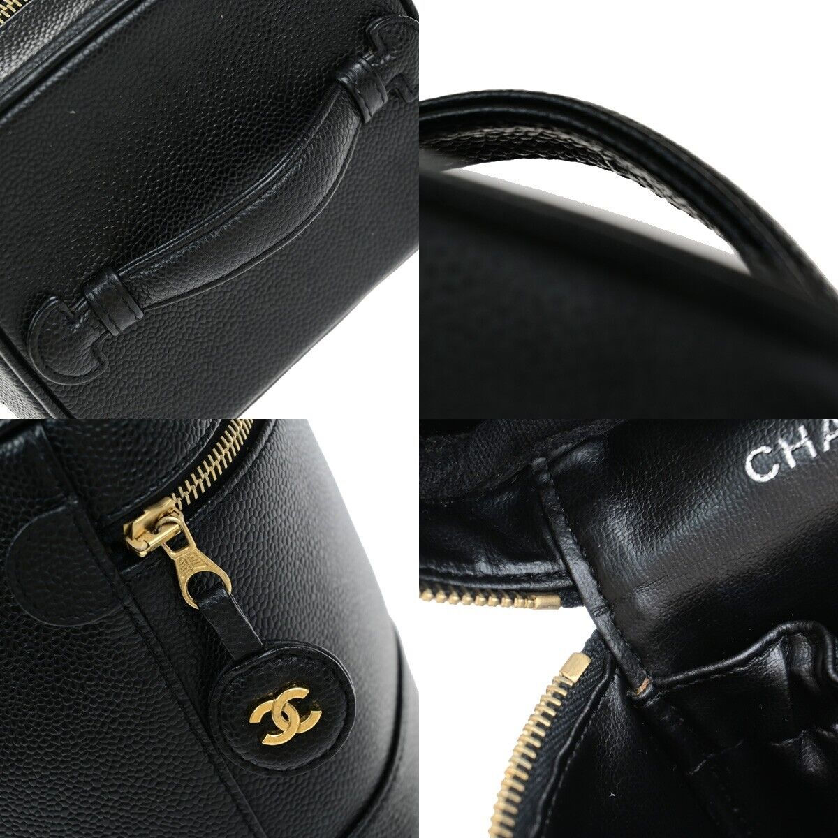 CHANEL CC Vanity Cosmetic Hand Bag Grained Calfskin Leather Black GHW 666RK928