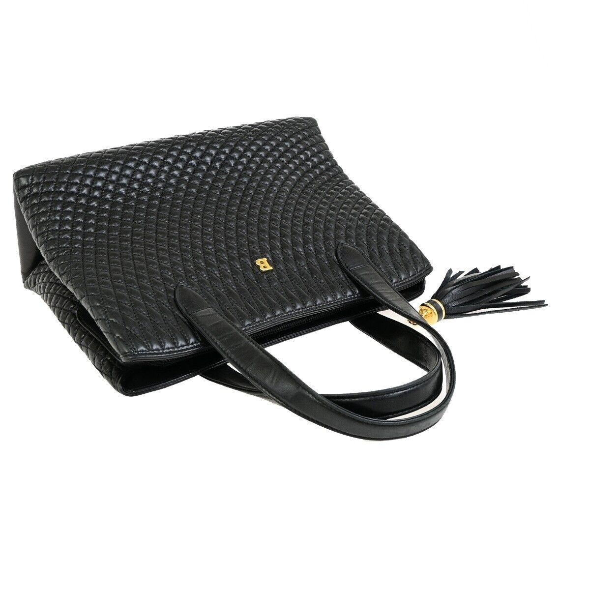 BALLY B Logo Fringe Tassel Shoulder Hand Bag Leather Black Gold-Plated 02FB399