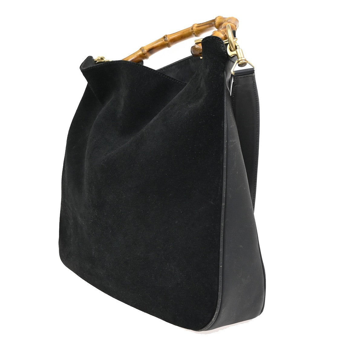 GUCCI Logo Bamboo 2Way Shoulder Hand Bag Suede Leather Black GHW Italy 38ZA308