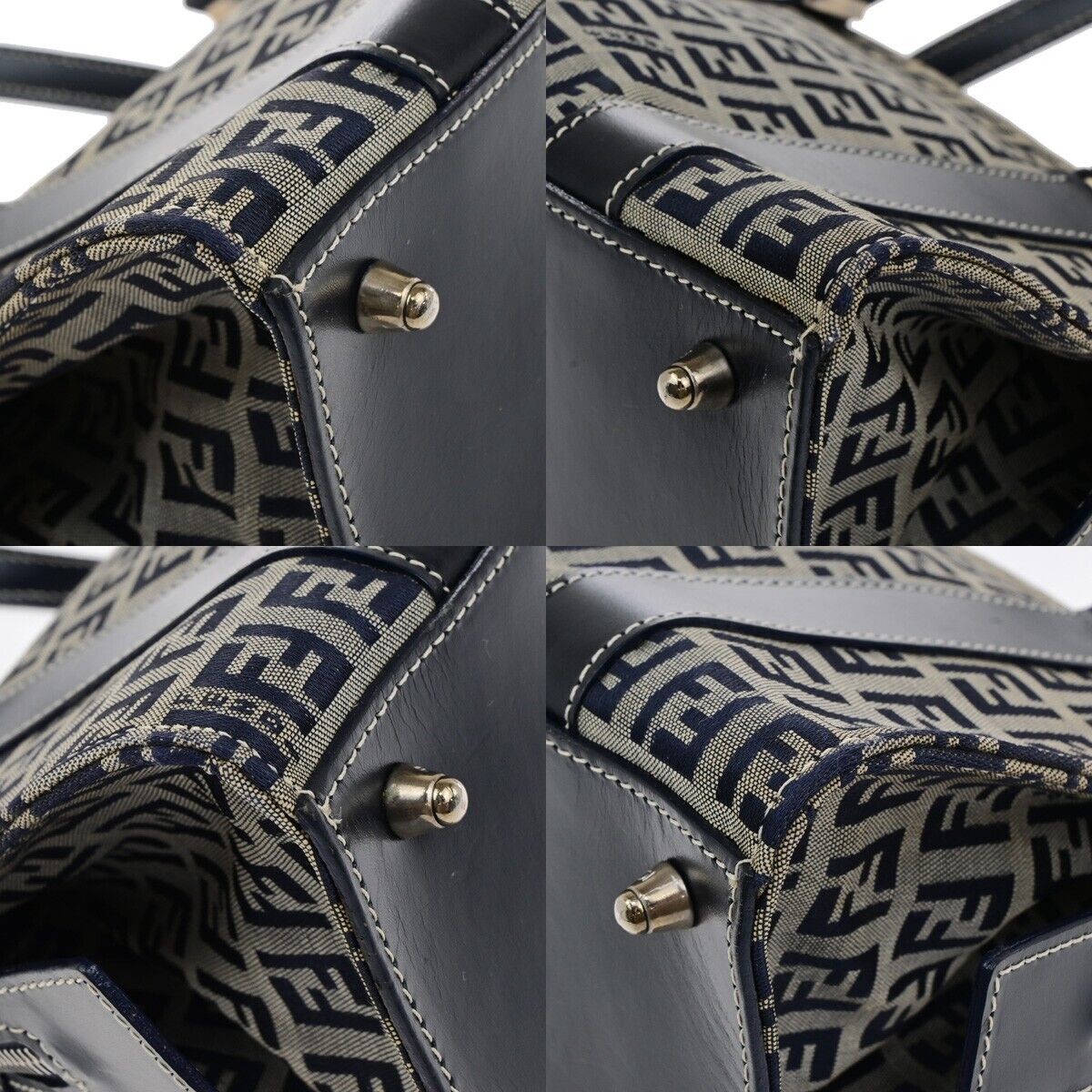 FENDI Logo Zucca Pattern Shoulder Bag Canvas Leather Navy Blue Italy 83KA549