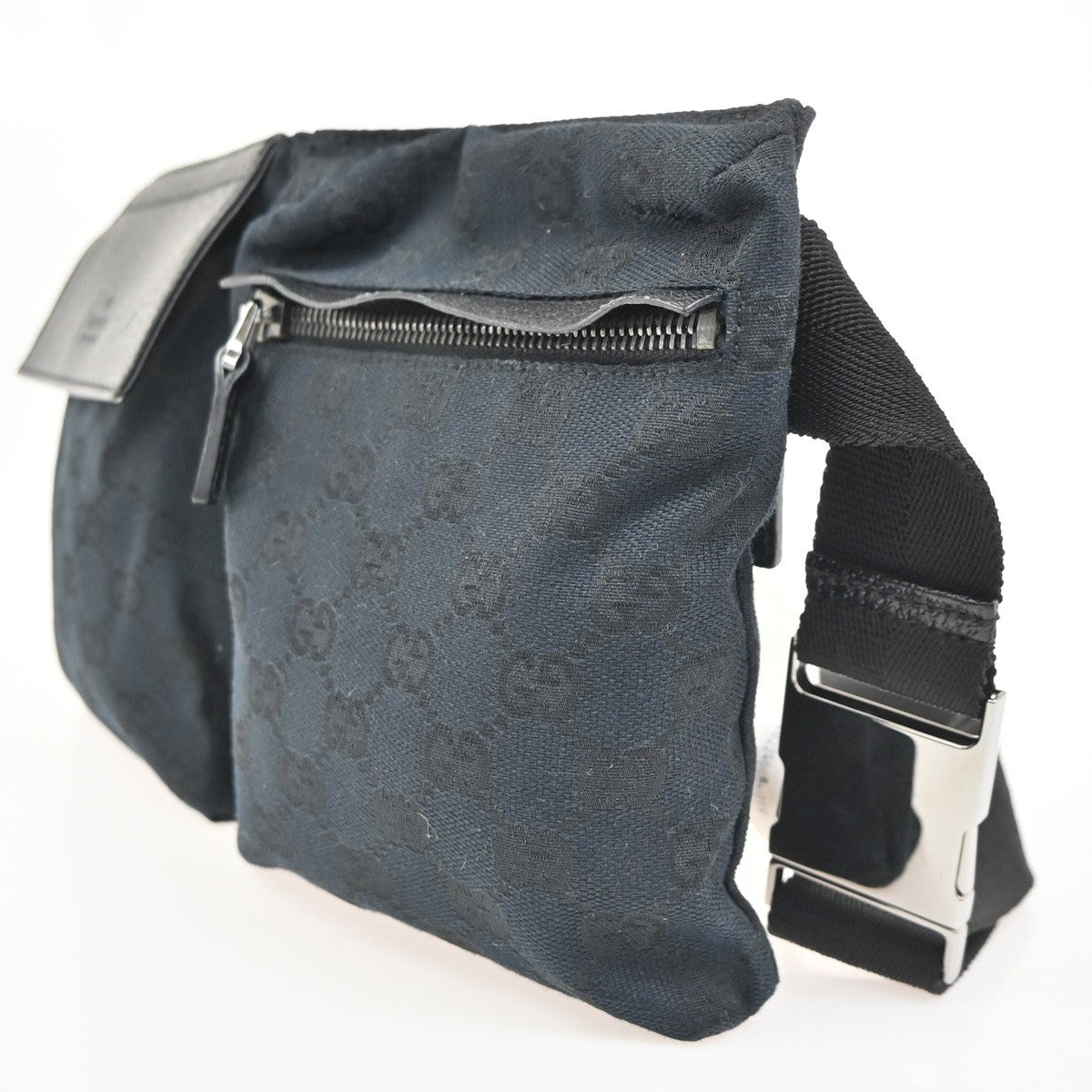 GUCCI Logo GG Pattern Mini Waist Belt Bag Canvas Leather Black SHW Italy 85ZA041