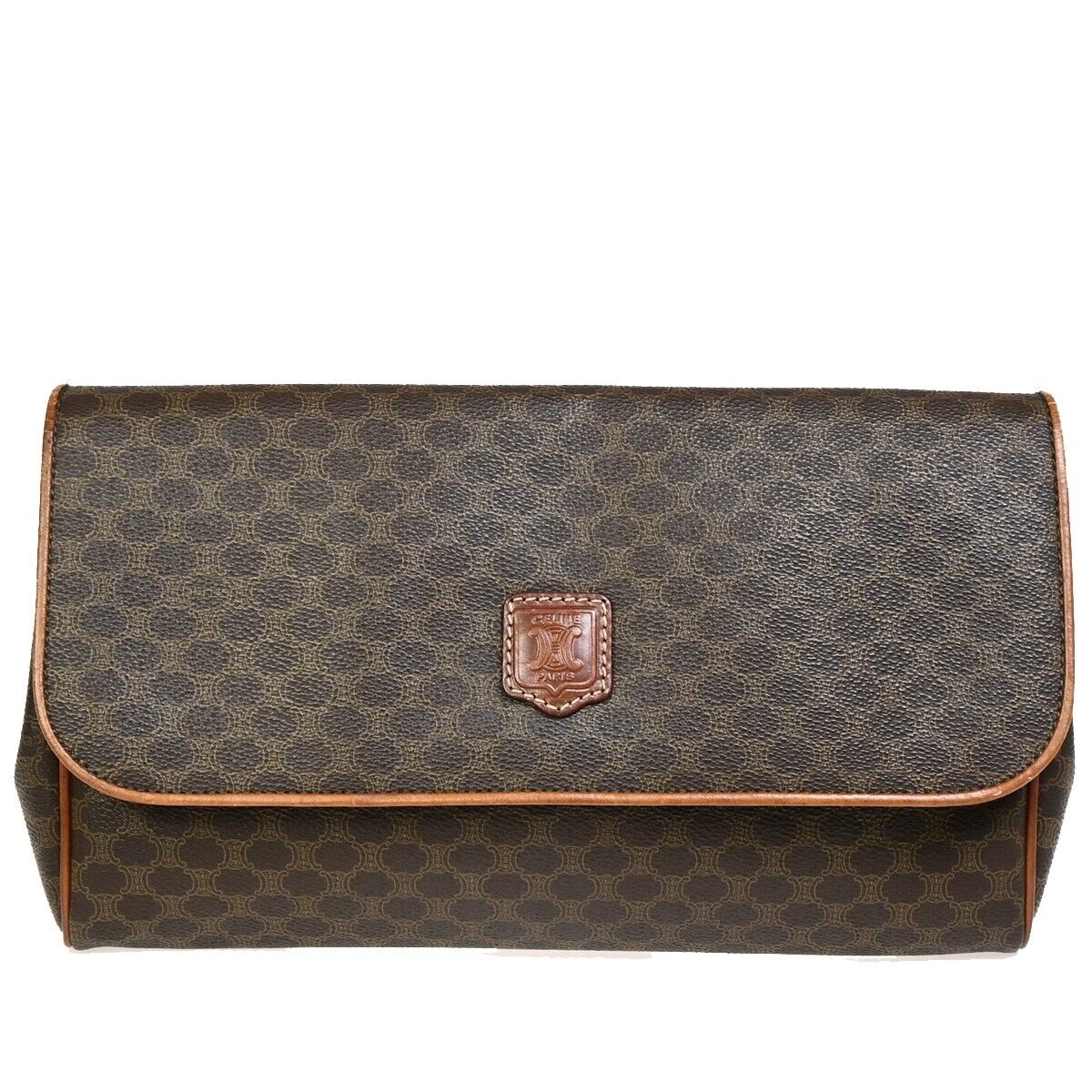 CELINE Logo Macadam Pattern Clutch Bag PVC Leather Brown GHW Italy 01EB540
