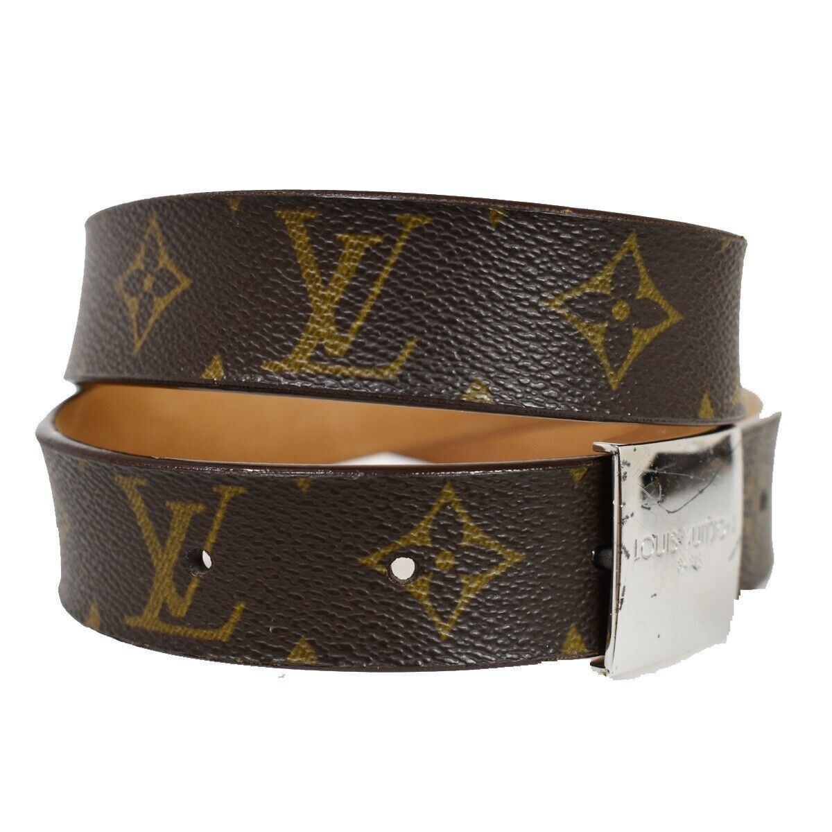 LOUIS VUITTON Ceinture Carre Belt Monogram Leather Brown Silver Spain 63YC264