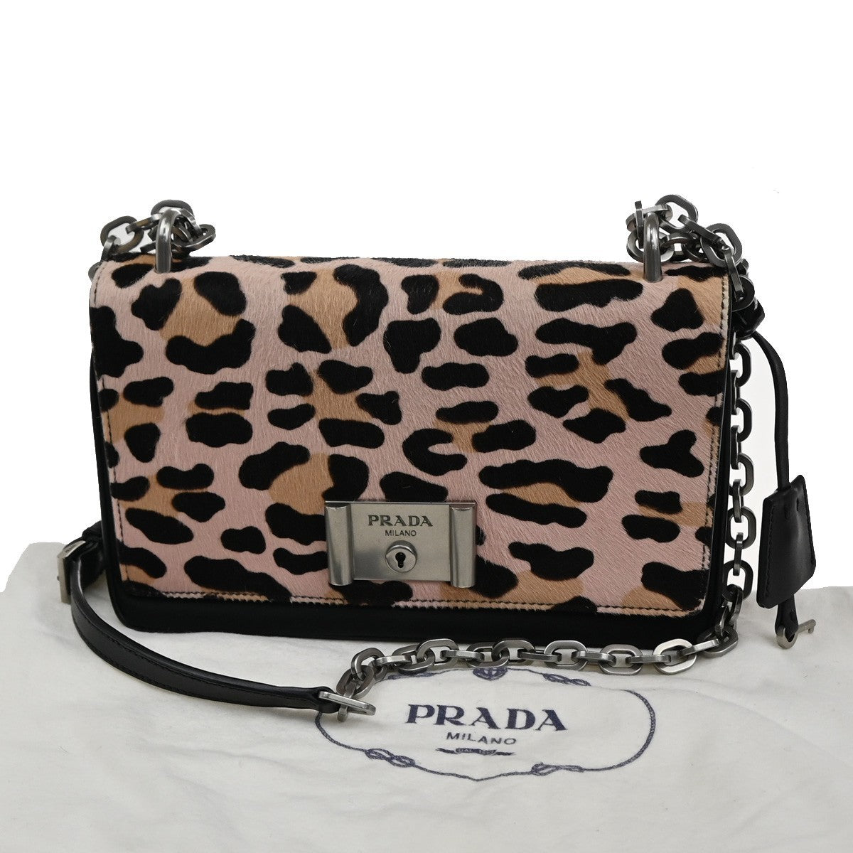 52.Live PRADA MILANO Leopard Chain Shoulder Bag Hair on Leather Nylon 99KC004