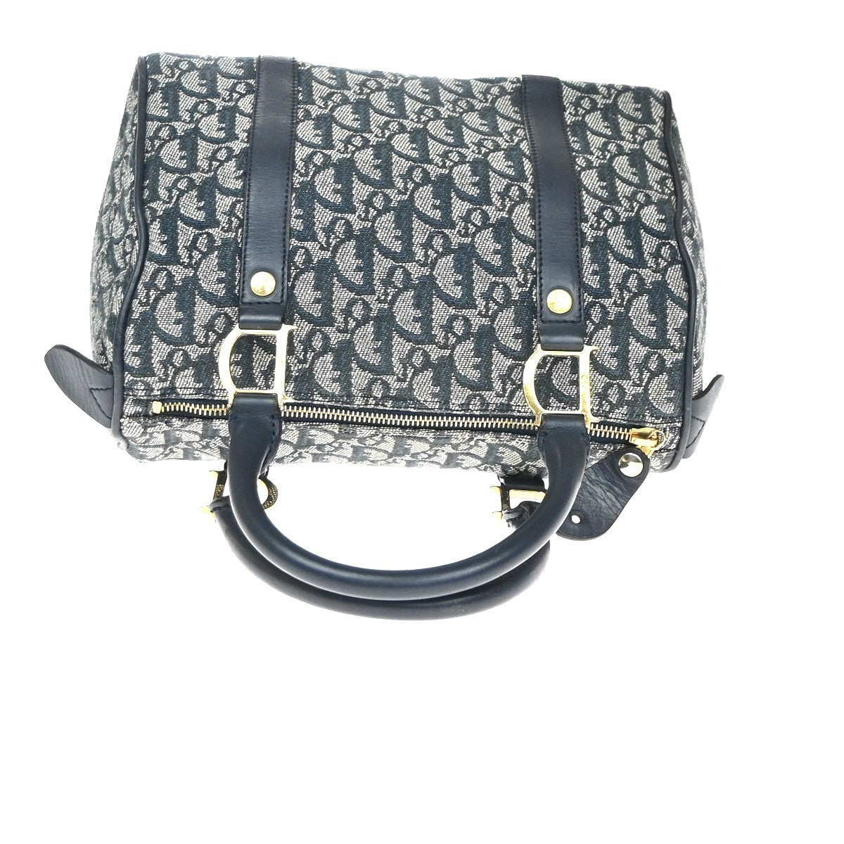 CHRISTIAN DIOR Logo Trotter Pattern Hand Bag Canvas Leather Navy Blue 93YH969