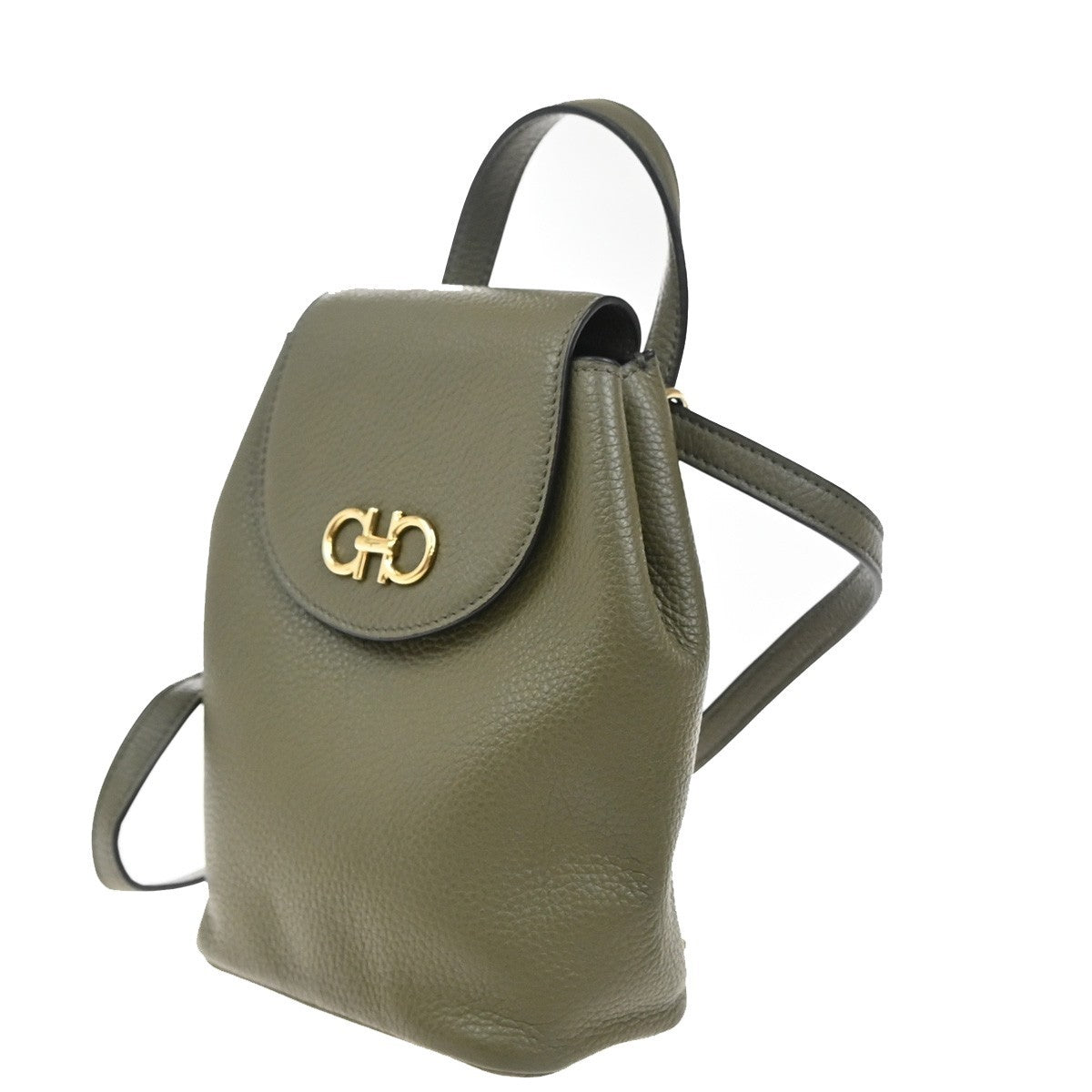 SALVATORE FERRAGAMO Logo Gancini Mini Backpack Bag Leather Khaki 86EG146