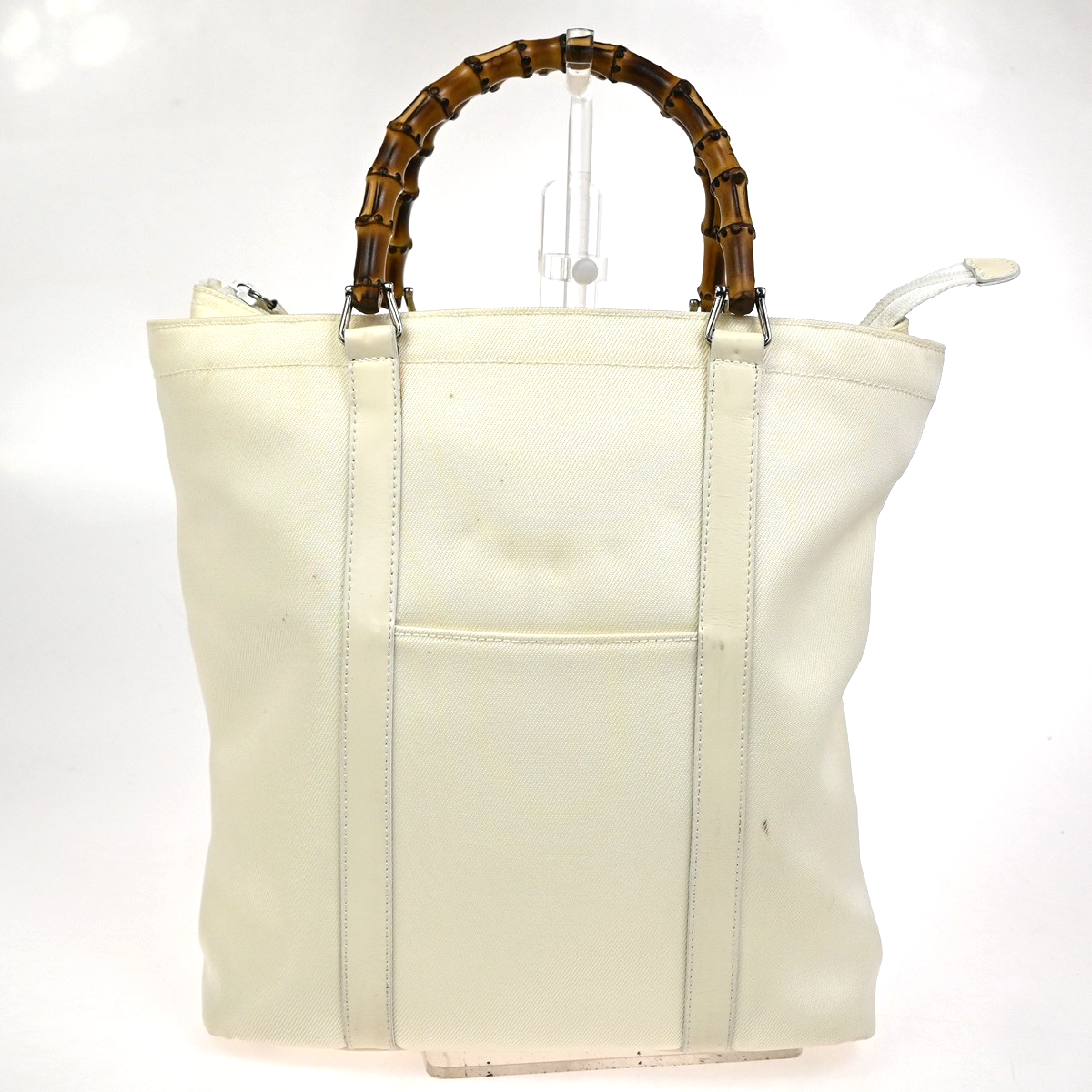 GUCCI Logo Bamboo Tote Handbag Nylon Patent Leather White SHW Italy 66KC967