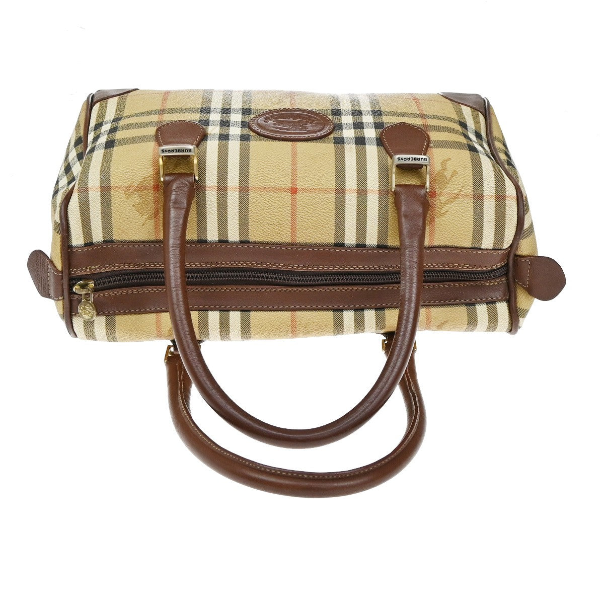 Burberrys Logo Hand Bag Nova Check PVC Leather Brown GHW 02YH772