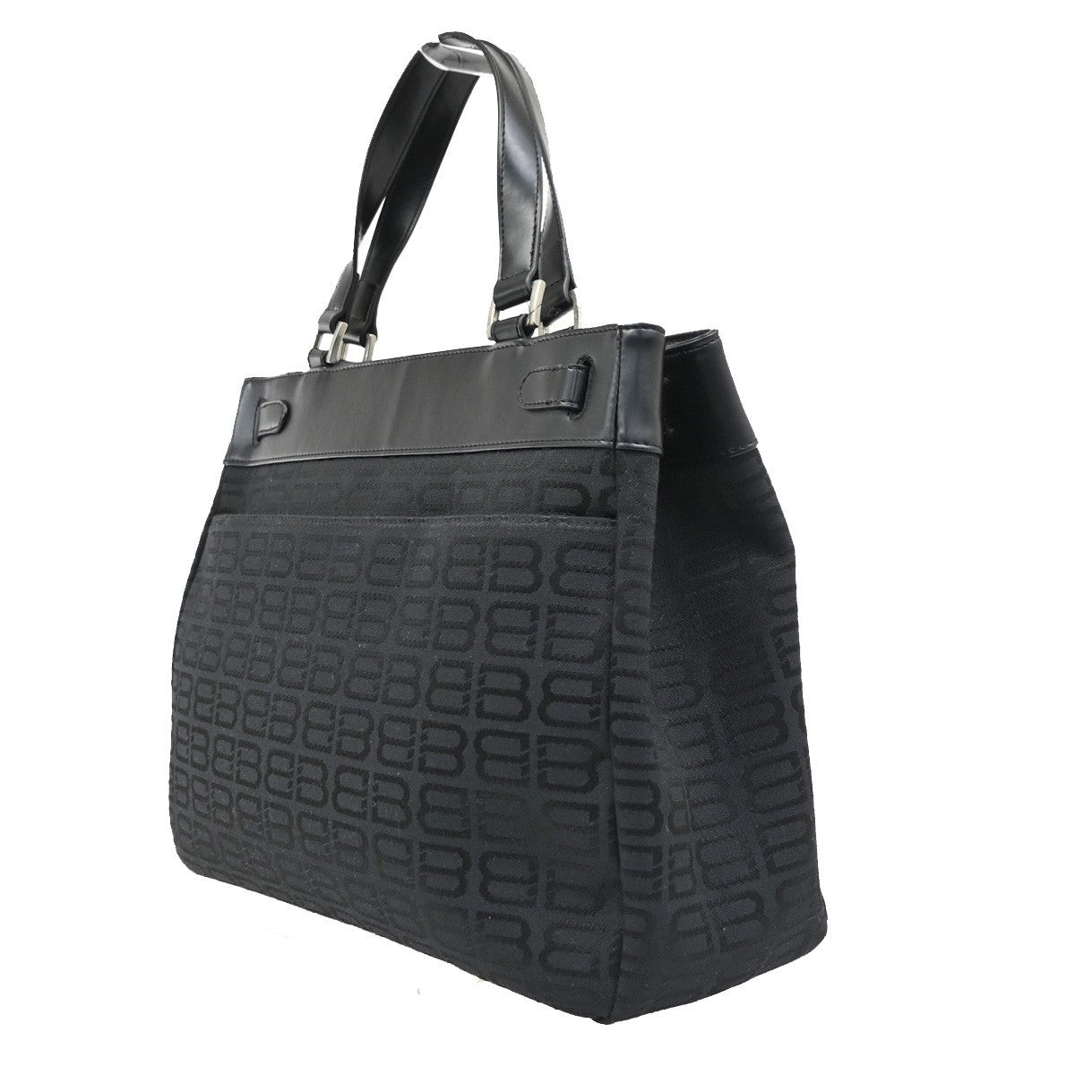 BALENCIAGA Logo BB Pattern Tote Hand Bag Canvas Leather Black SHW 67KD106