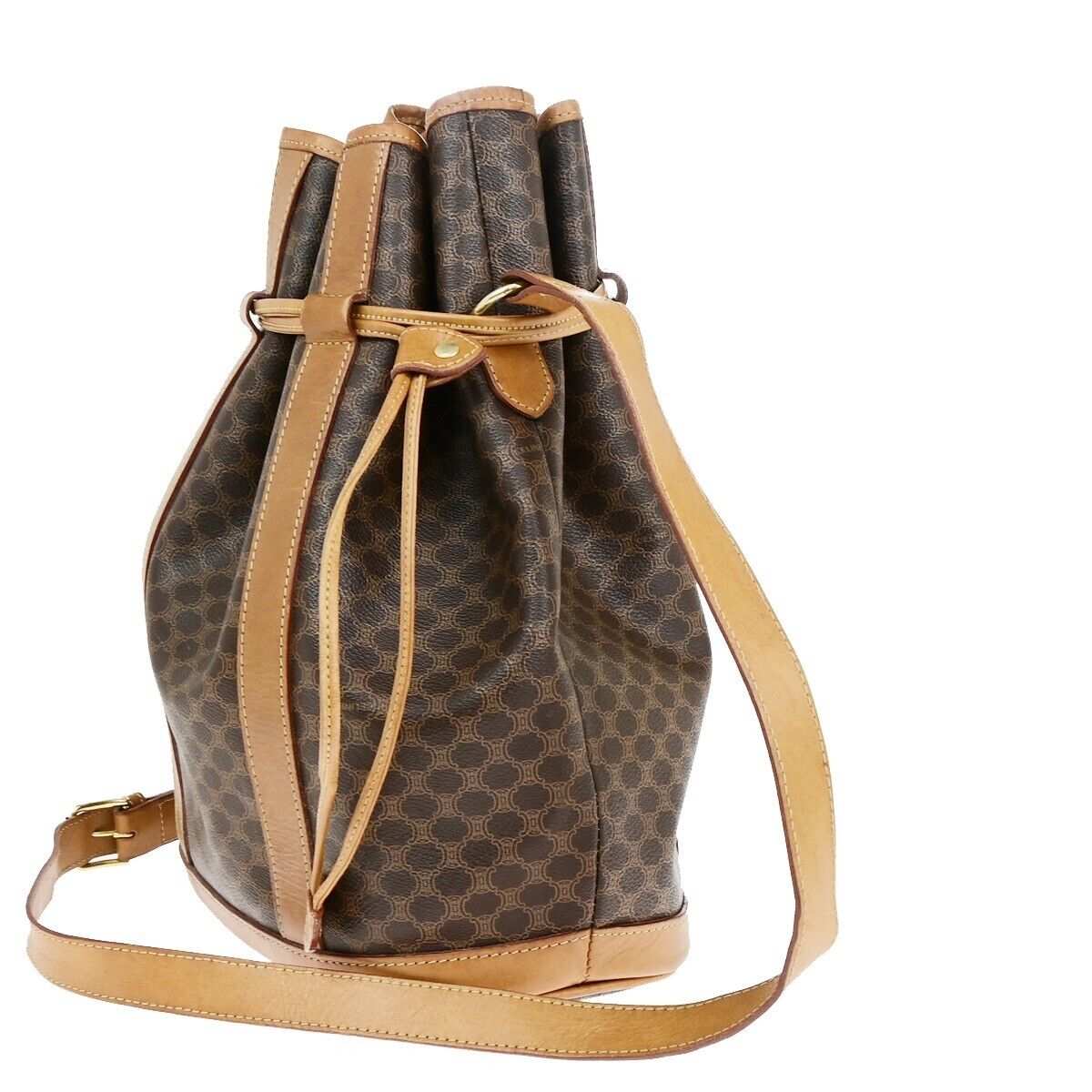 CELINE Logo Macadam Pattern Drawstring Shoulder Bag PVC Leather Brown 69HB986