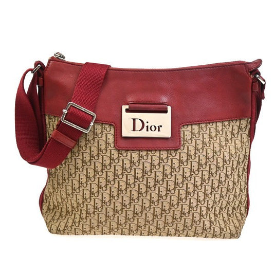 3.Live CHRISTIAN DIOR Logo Trotter Shoulder Bag Canvas Leather Red Brown 16TA621