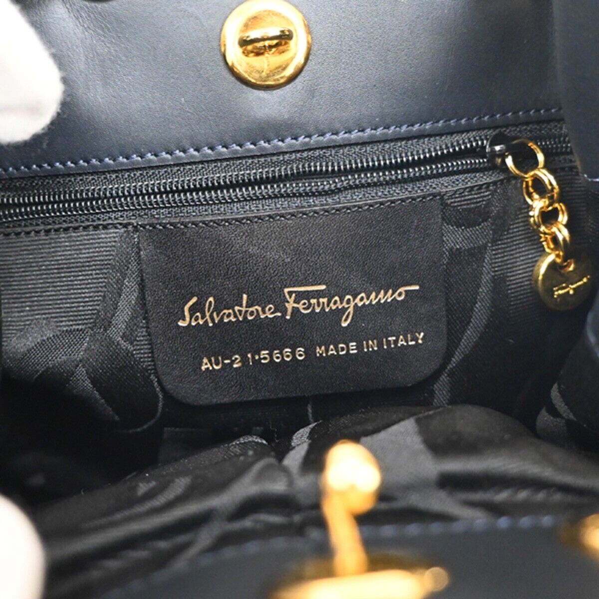 SALVATORE FERRAGAMO Vara Chain Backpack Bag Canvas Leather Navy Blue GHW 68YD430