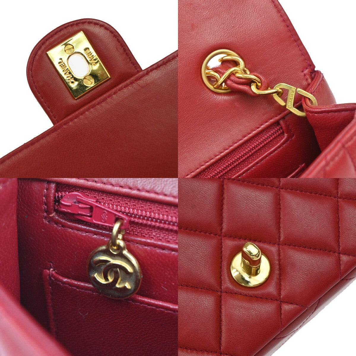 CHANEL CC Logo Mini Matelasse Chain Hand Bag Leather Red GHW Vintage 863RF268