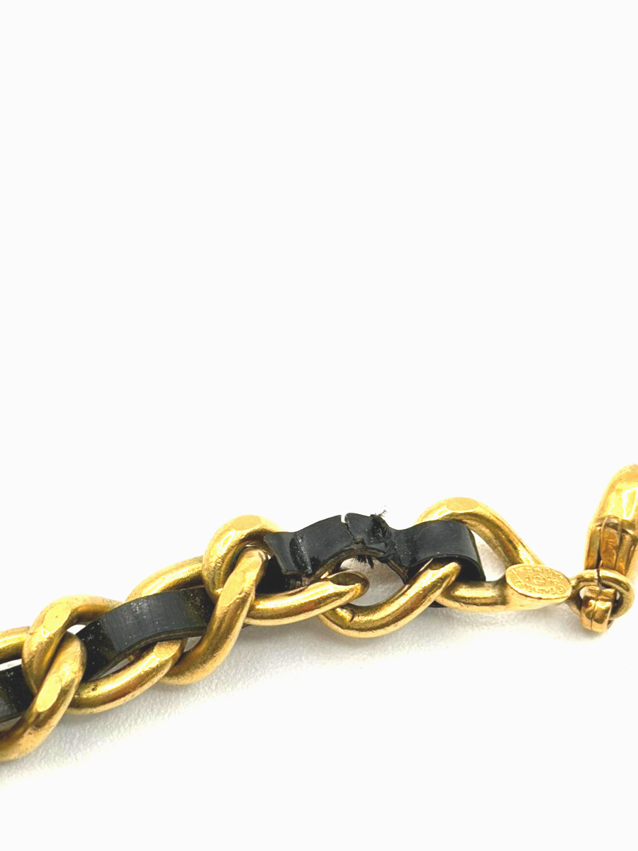 CHANEL CC Rhinestone Chain Bracelet Anklet Leather 95P GHW Black Vintage 12RL959