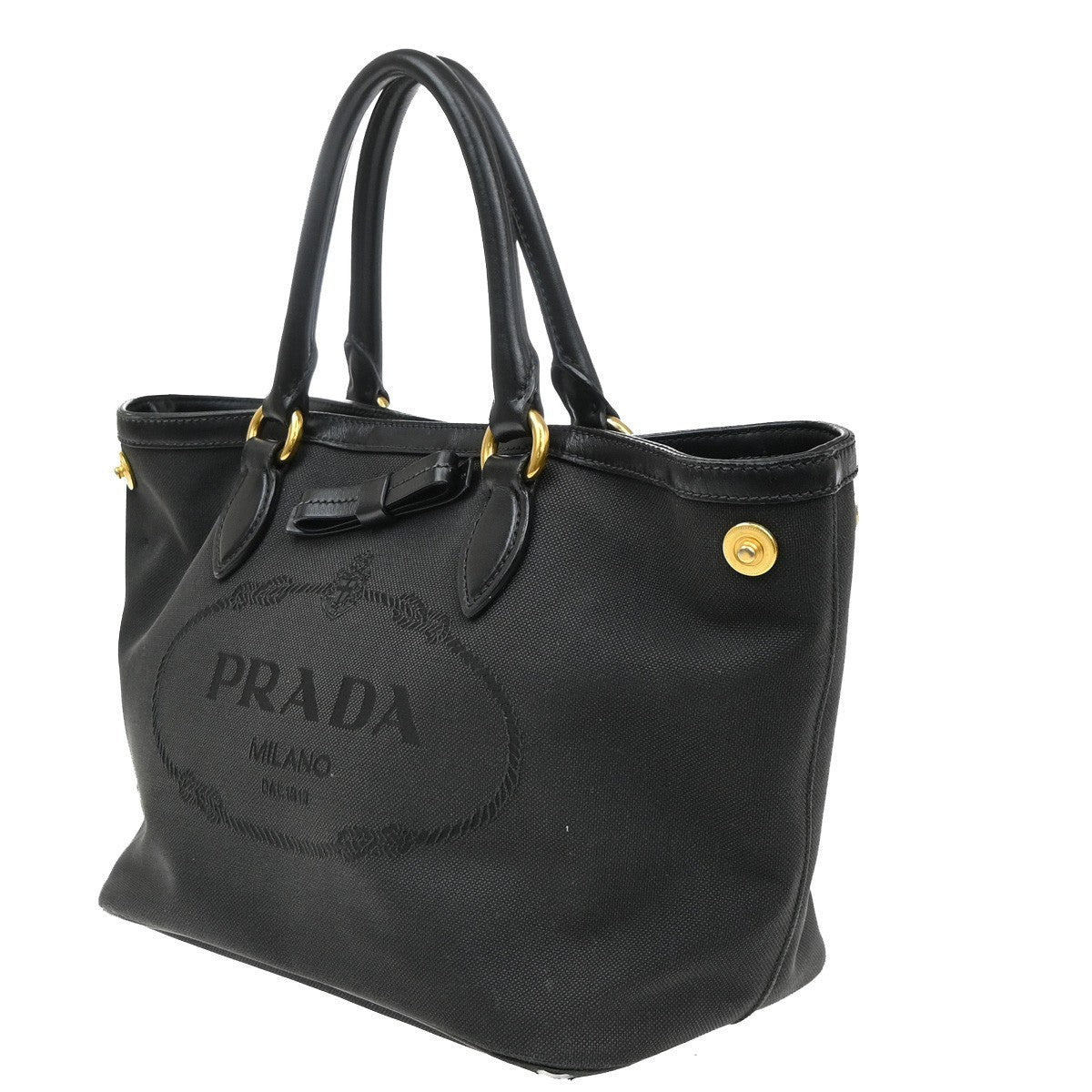 PRADA Logo Jacquard Shoulder Hand Bag Canvas Leather  Black GHW 30SA098