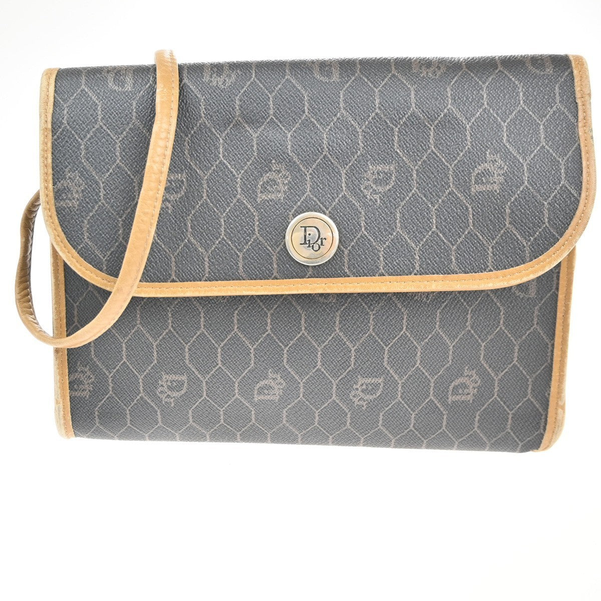 CHRISTIAN DIOR Logo Honeycomb Mini Shoulder Bag PVC Leather BLack GHW 61CA697