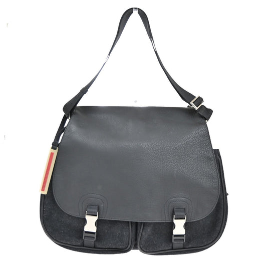 PRADA Sports Logo Crossbody Shoulder Bag Wool Leather Black SHW Italy 76KA954