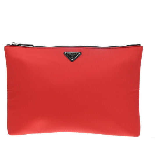 PRADA Logo Tessuto Clutch Hand Bag Nylon Leather Red SHW 38KP540