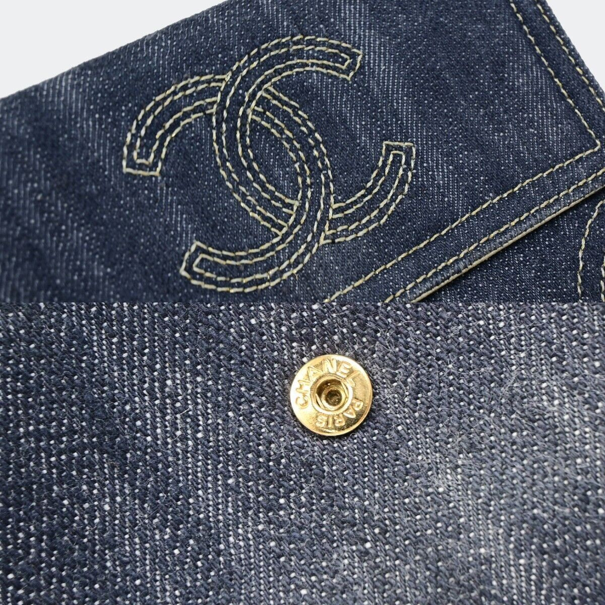 CHANEL CC Logo Stitch Flap Wallet Purse Denim Leather Blue Gold GHW 70RK156