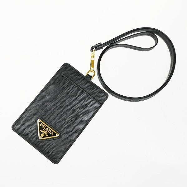 PRADA Logo Strap Card Pass Case Leather Black GHW 65RP149