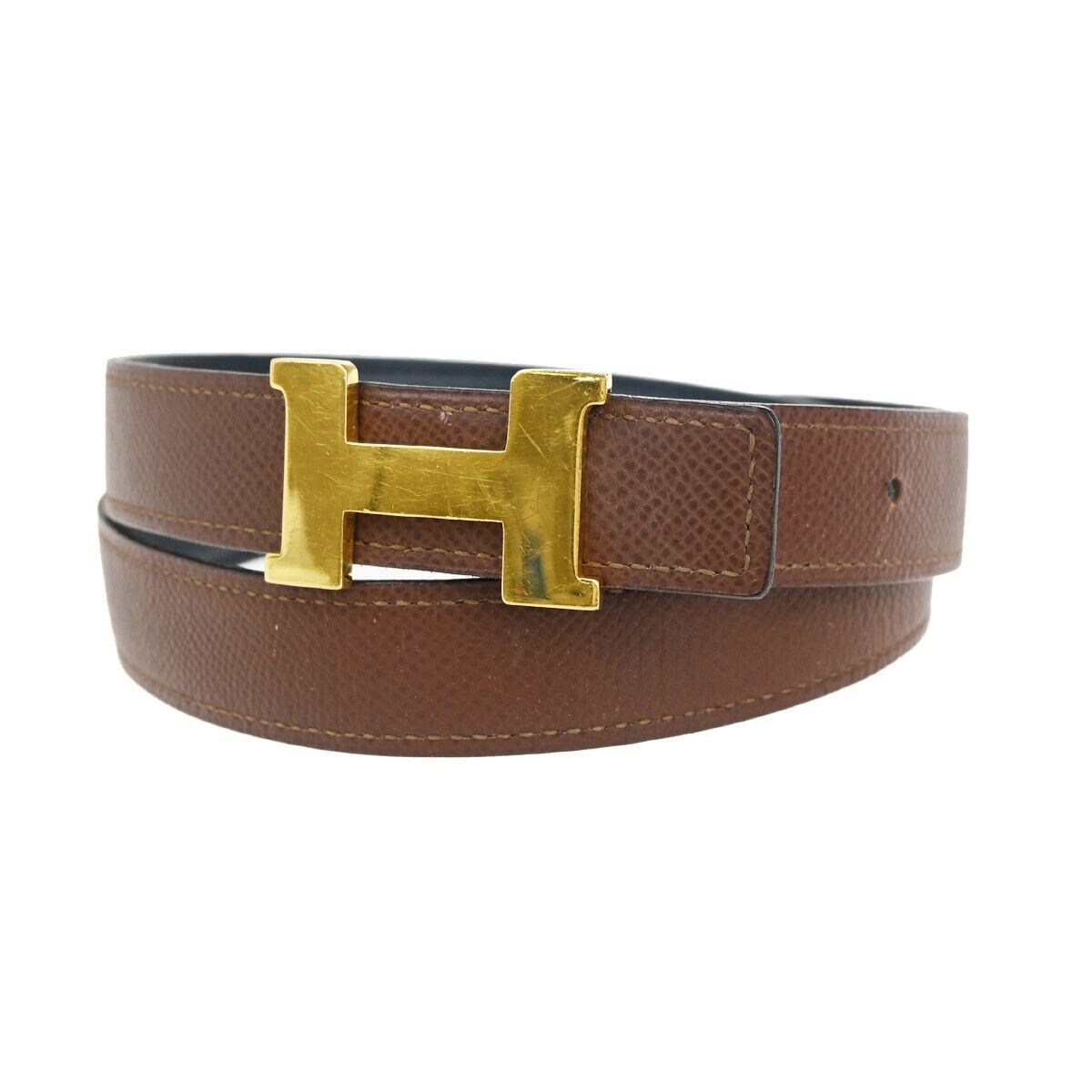 HERMES H Logo Constance Reversible Buckle Belt #80 Leather Blue Brown 65YG455