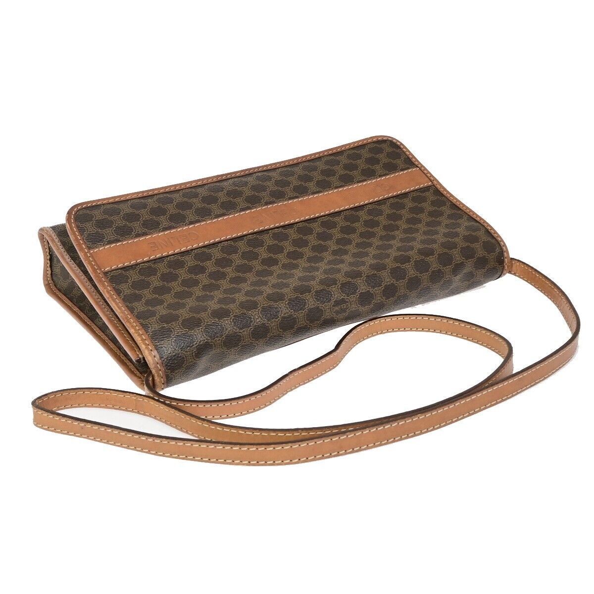 CELINE Logo Macadam Pattern Shoulder Bag PVC Leather Brown GHW Italy 65FB173