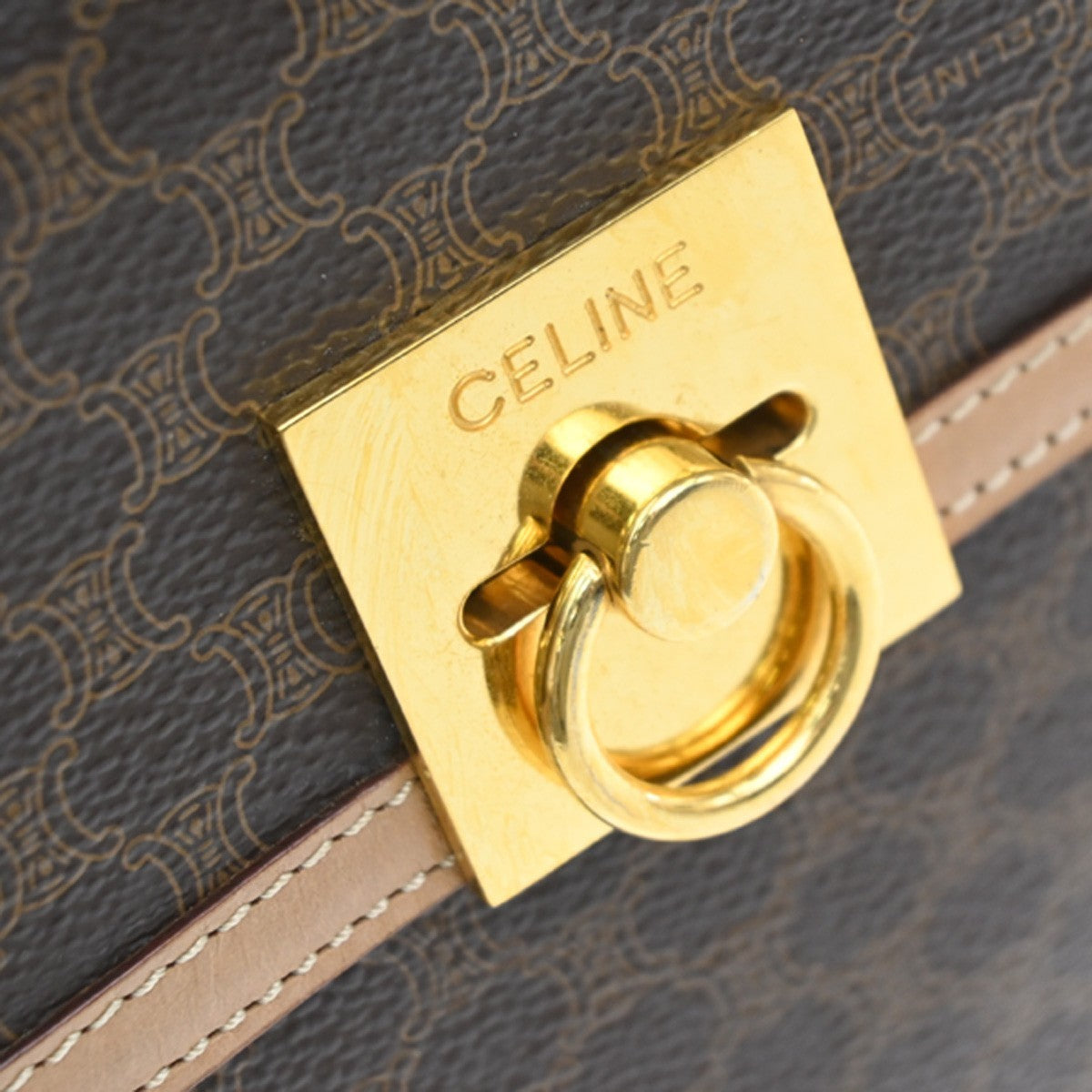 CELINE Logo Macadam Pattern Hand Bag PVC Leather Brown Beige GHW Italy 35MA546