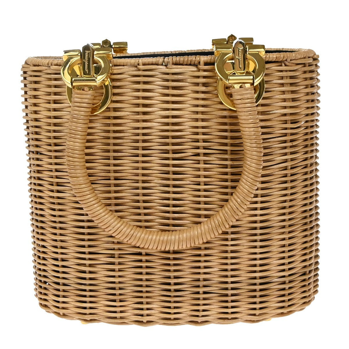 SALVATORE FERRAGAMO Logo Gancini Basket Hand Bag Rattan Brown GHW 28RP146