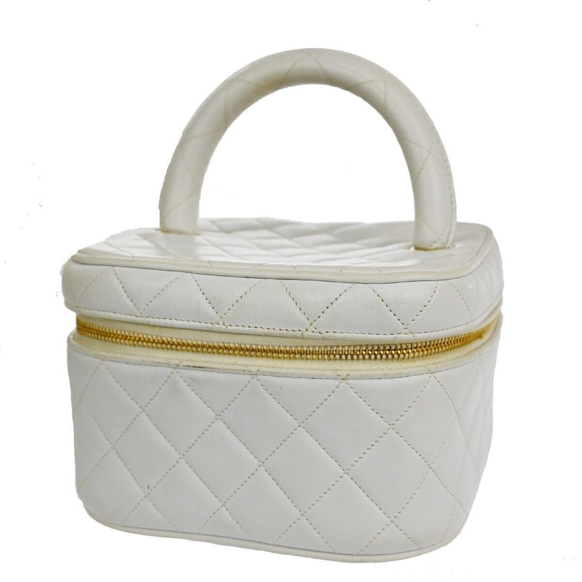 CHANEL Logo Matelasse Vanity Hand Bag Leather White GHW France Vintage 96RH435