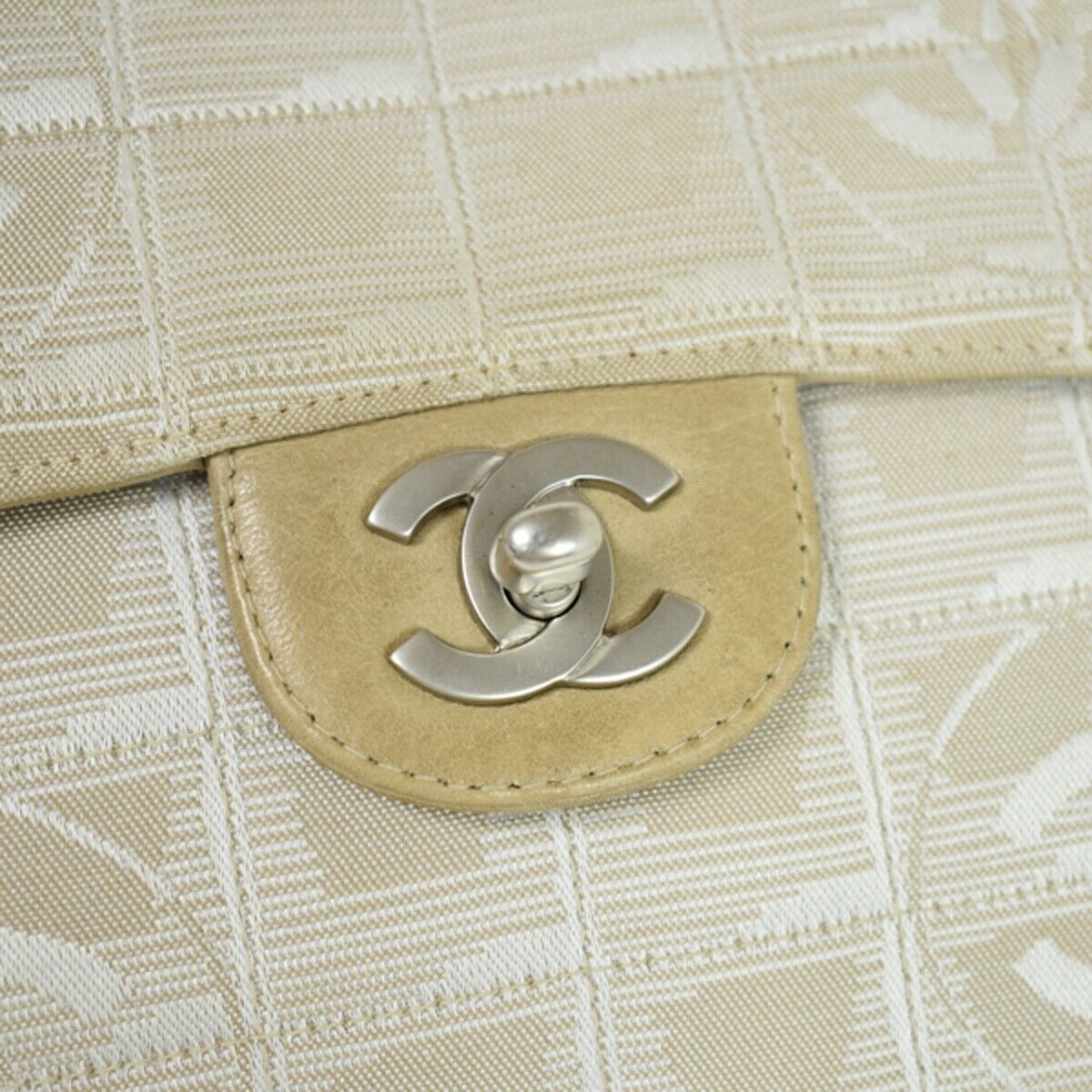 CHANEL CC New Travel Line Chain Shoulder Bag Jacquard Leather Beige 683RH753
