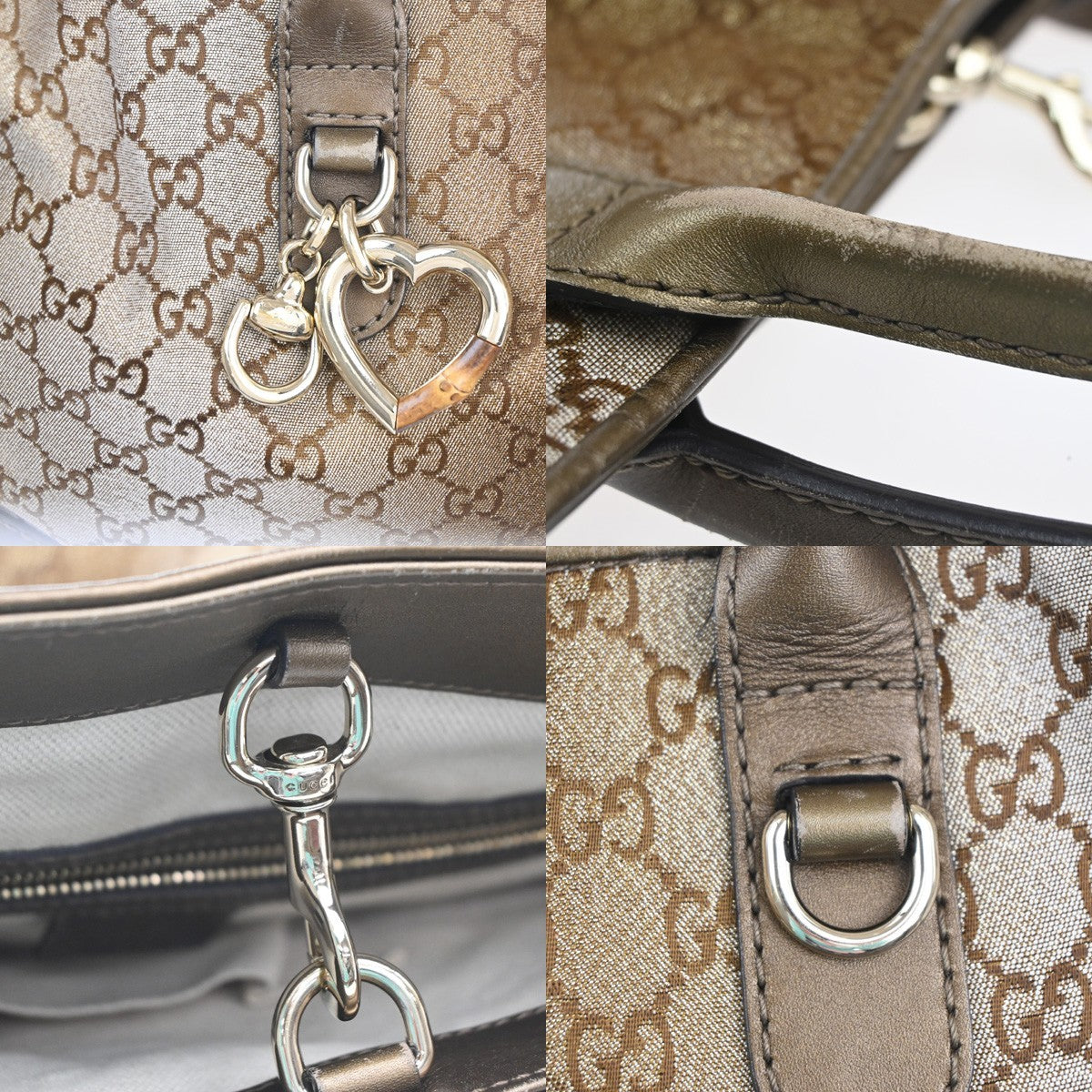 GUCCI GG Pattern Heart Bit Shoulder Bag Lurex Canvas Leather Brown Italy 31KC625