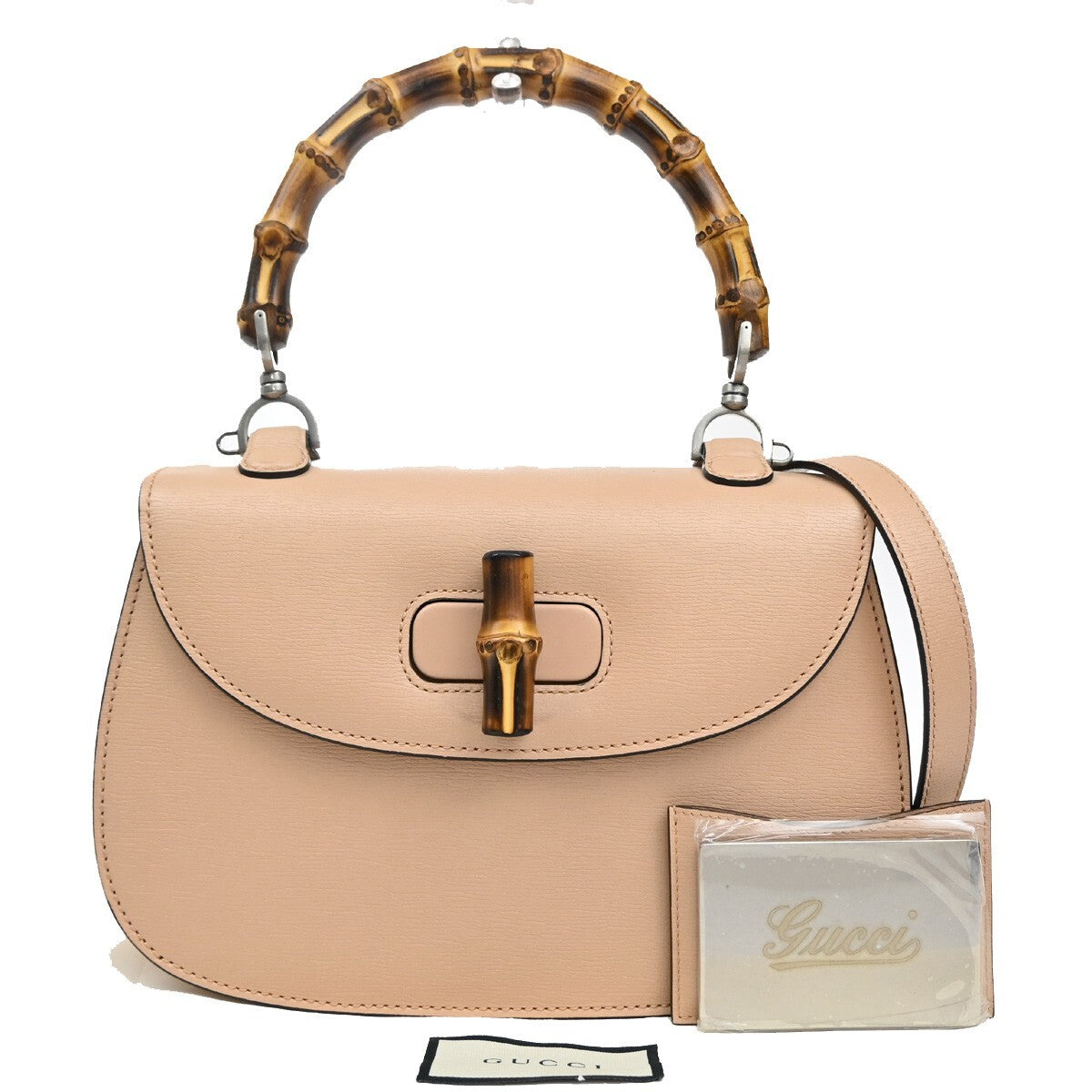 GUCCI Logo Bamboo 2Way Shoulder Hand Bag Leather Beige Silver Italy 669RL142