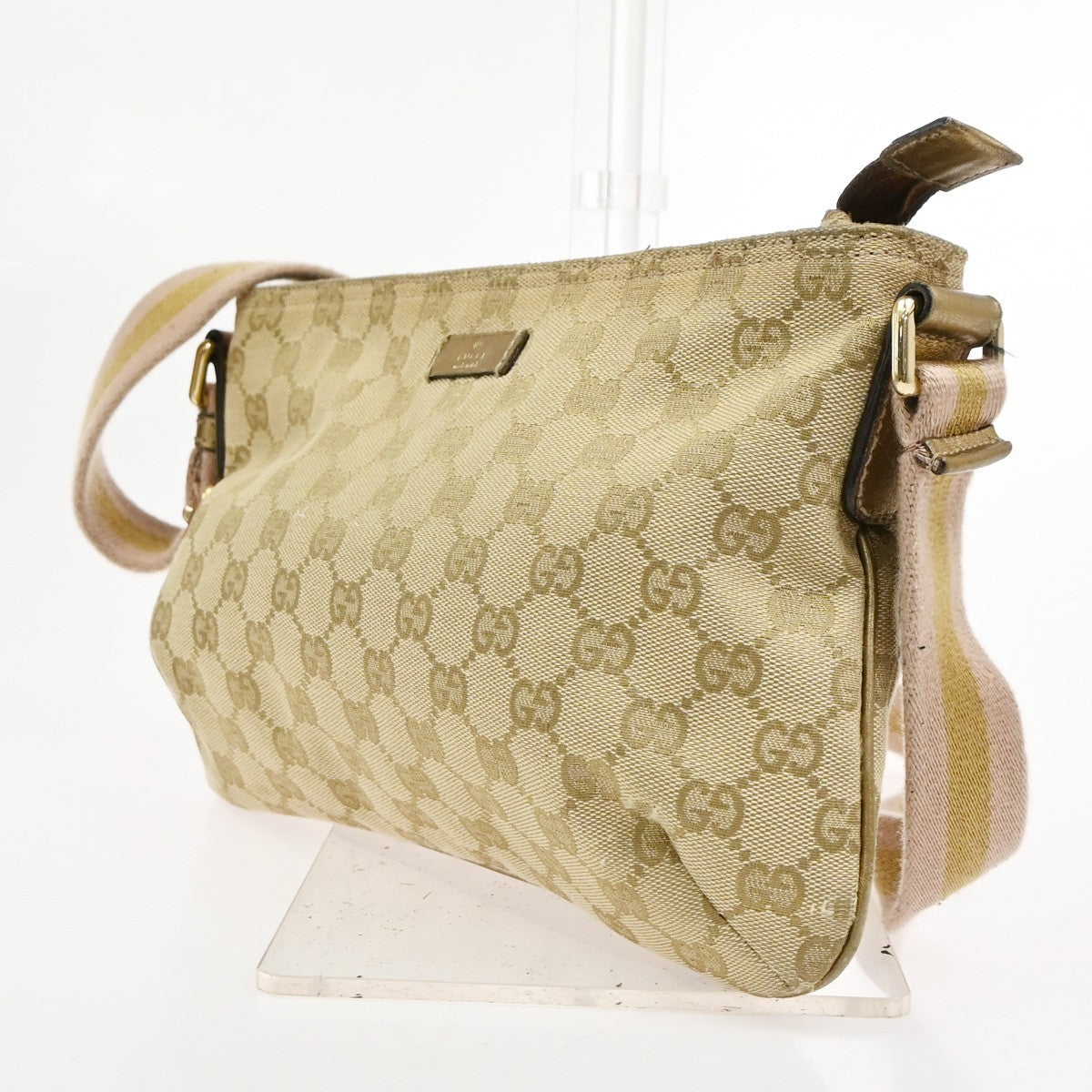 GUCCI Logo GG Pattern Crossbody Shoulder Bag Canvas Leather Beige GHW 67TA694