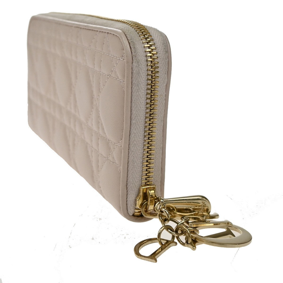 CHRISTIAN DIOR Logo Cannage Zipper Around Long Wallet Leather Pink GHW 80KB338