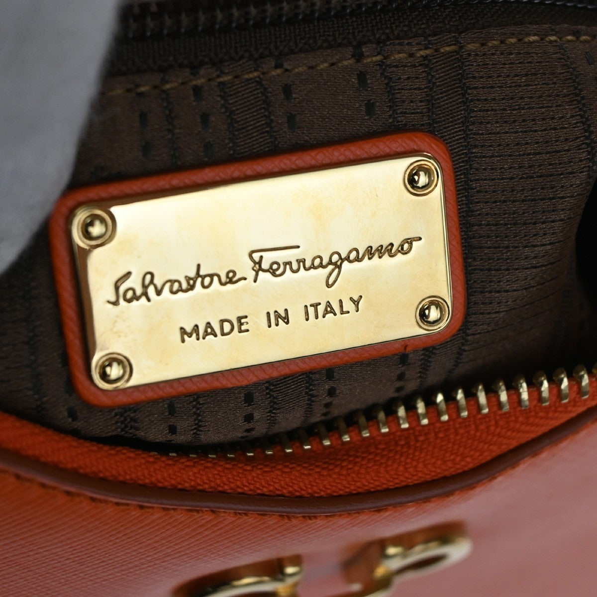 SALVATORE FERRAGAMO Gancini Logo Shoulder Bag Leather Orange GHW Italy 72RL709