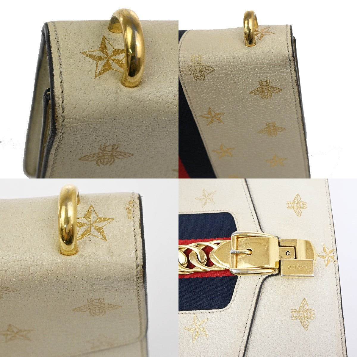 GUCCI Logo Bee Star Print Sylvie Shoulder Bag Leather Web Ribbon Ivory 71YJ087