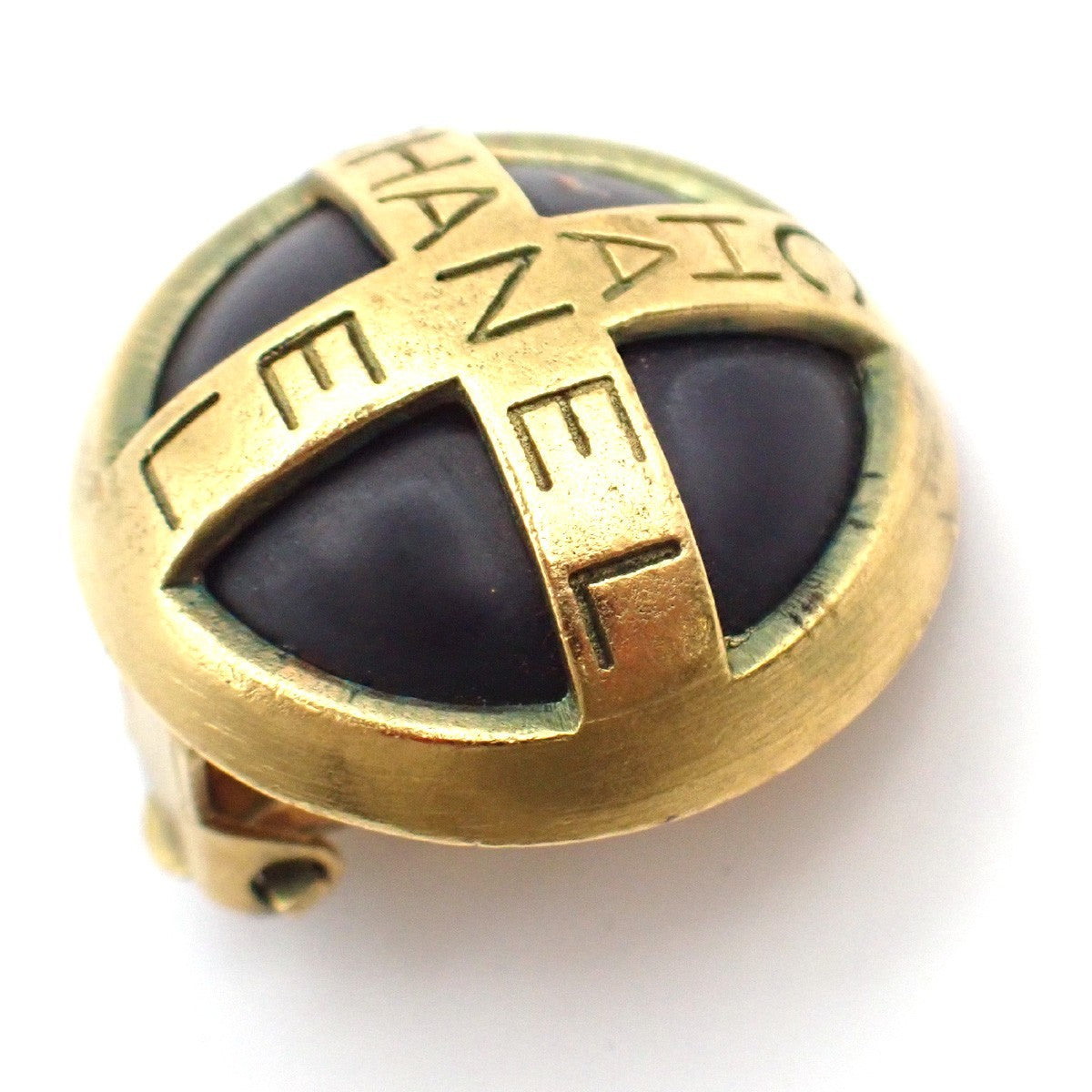 CHANEL CC Logo Round Button Earrings Clip-On 95P Gold Black GHW Vintage 83RF994