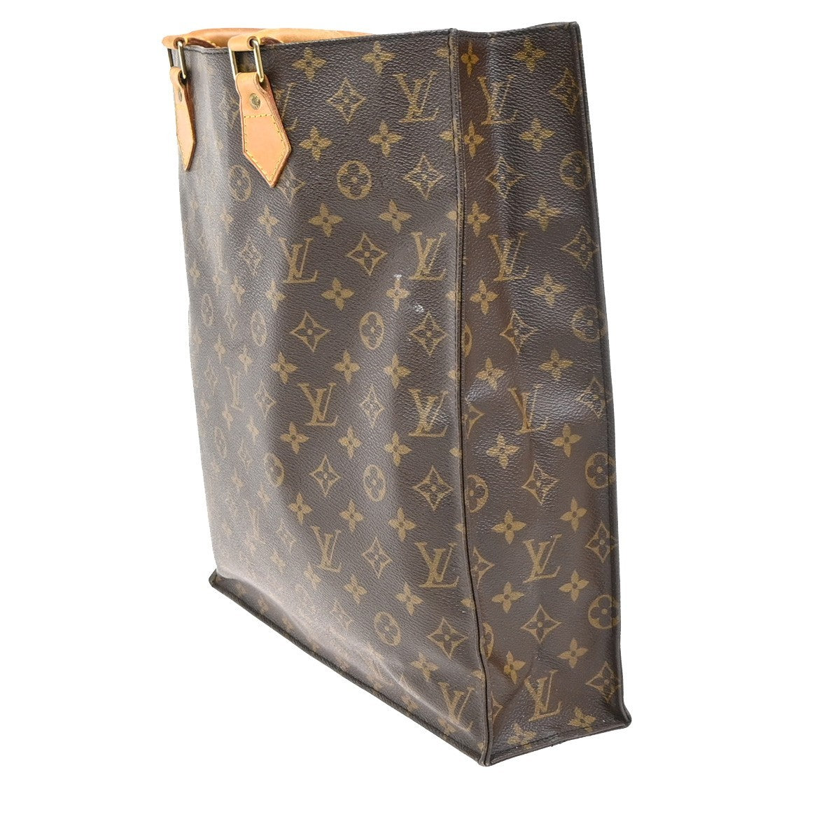LOUIS VUITTON Logo Sac Plat Hand Tote Bag Monogram Leather Brown M51140 62ZA260