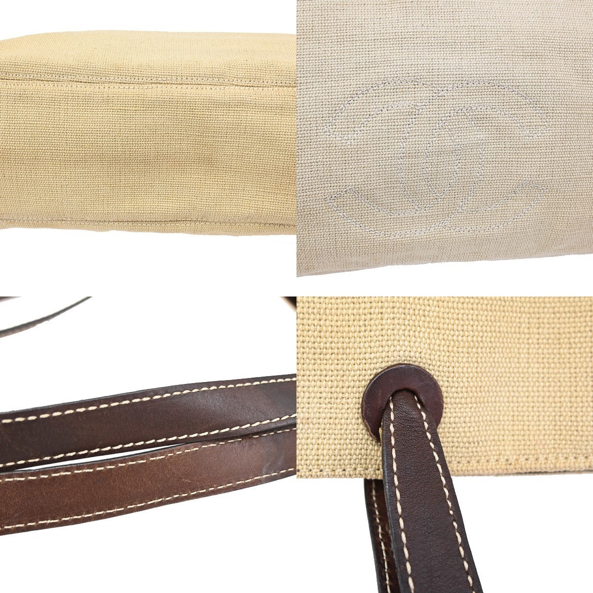 1.Live CHANEL CC Shoulder Tote Bag Canvas Leather Beige Brown Vintage 77KP040