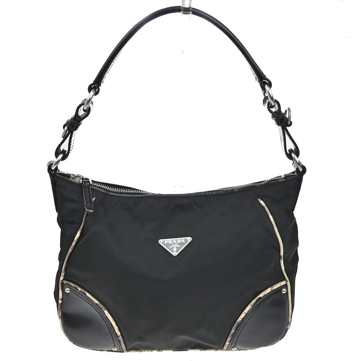 PRADA LOGO Tessuto Shoulder Bag Nylon Embossing Leather Black White SHW 34KC287