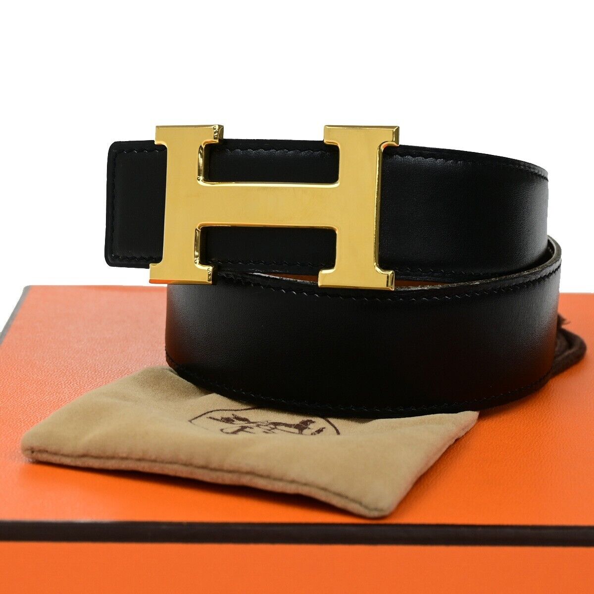 HERMES H Logo Constance Reversible Buckle Belt Leather #65 Black Brown 89YH515