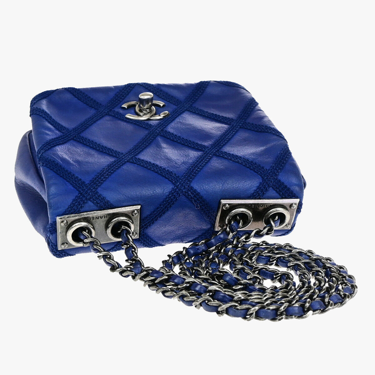 CHANEL CC Logo Mini Matelasse Chain Shoulder Bag Leather Blue SHW Italy 397RK203